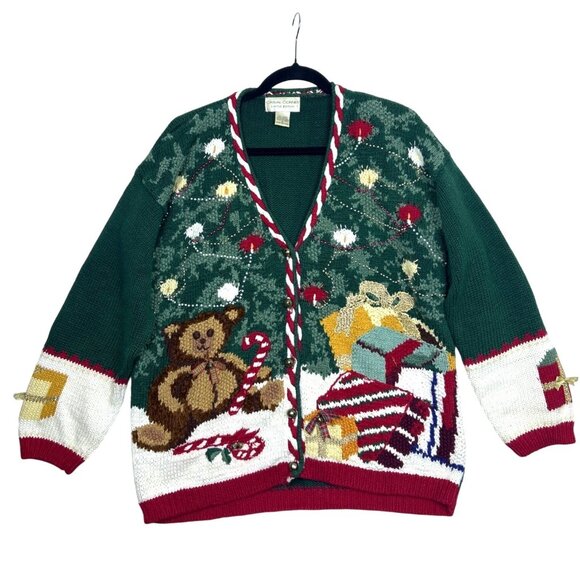 Vtg 90's Ugly Christmas Cardigan Sweater Women's M  Knit Bells Bows Teddy Bear - Picture 1 of 13